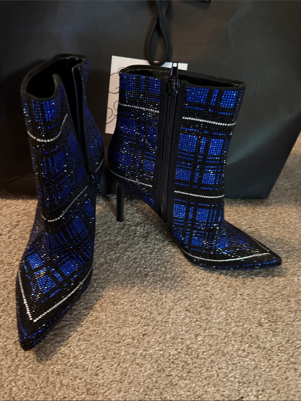 INC International Concepts Blue and Black Plaid Pointed-Toe Ankle Boots